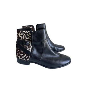 Michael Kors Black Leather Ankle Boots with Brown & White Animal Print Heel